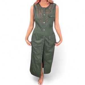 Together Vintage 90s Olive Midi Sleeveless Utility Button Front Dress Size 12